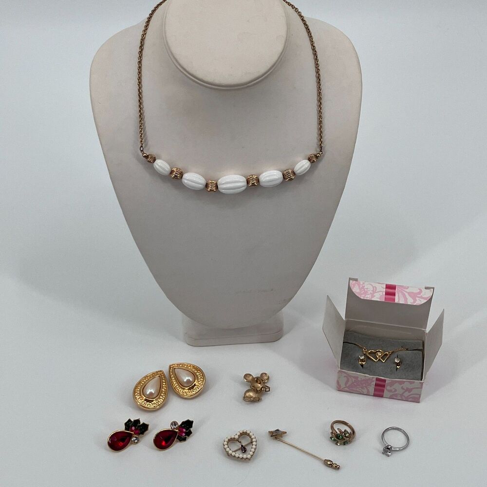 Bundle of 9 Vintage Avon Signed Jewelry Pieces, necklaces, Earrings, rings etc